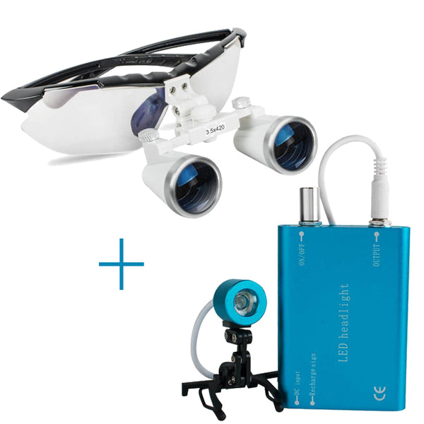 Dental Surgery Medical Binocular Magnifying Glass 3.5X 420mm + Portable Blue Headlight