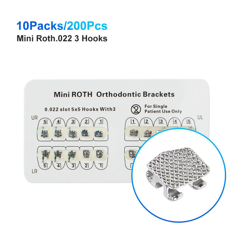 Dental Brackets Orthodontic Mini - 200 Pieces Roth.022/018, 3-345 Hook Mesh Base