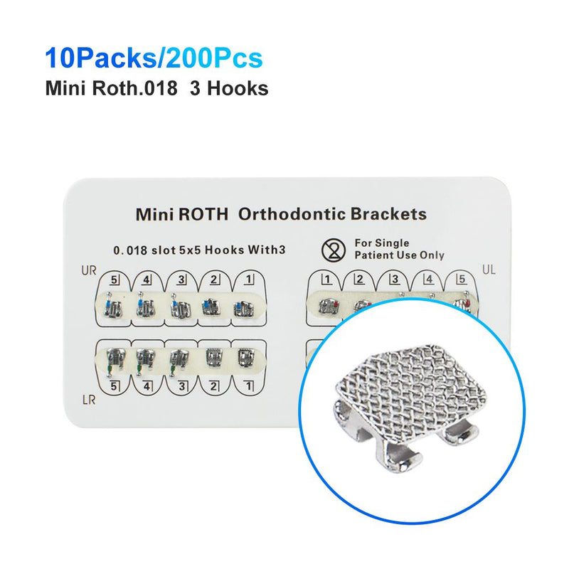 Dental Brackets Orthodontic Mini - 200 Pieces Roth.022/018, 3-345 Hook Mesh Base
