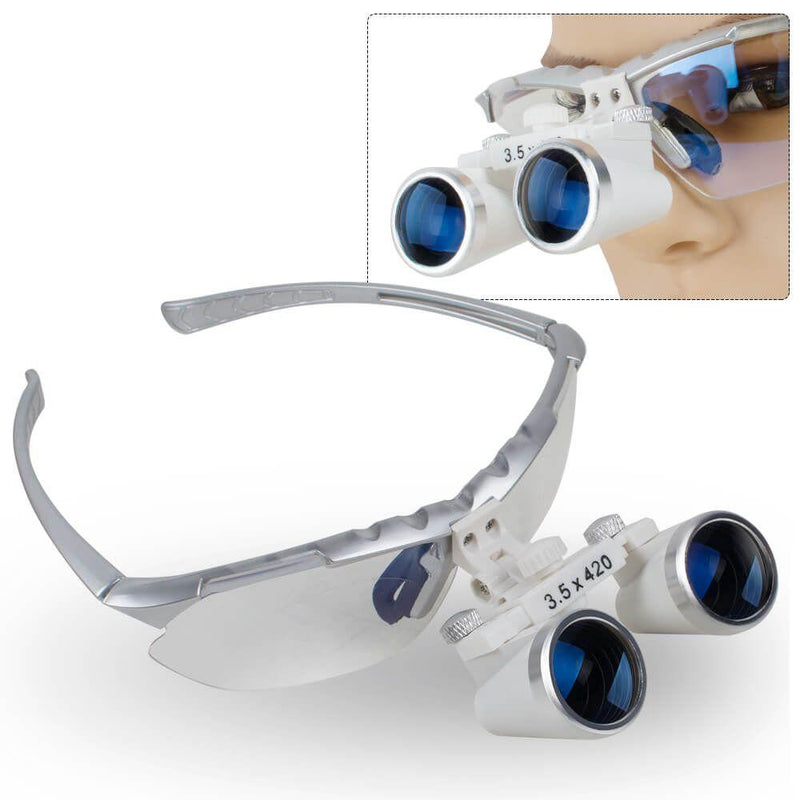 Dentista Argento Dentale Chirurgico Medico Occhialini binoculari 3.5X 420mm lente di ingrandimento in vetro ottico