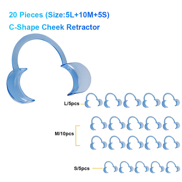 20 piezas (tamaño 5L + 10M + 5S) abridor de boca retractor de mejillas en forma de C Dental