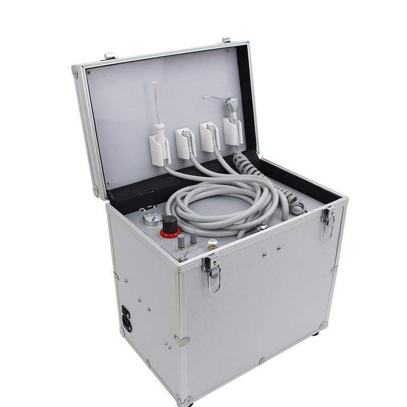 Portable Dental Unit with High and low speed HP Pipe,3 Way Syringe, Oilless Air Compressor, Water bottle, Foot Control